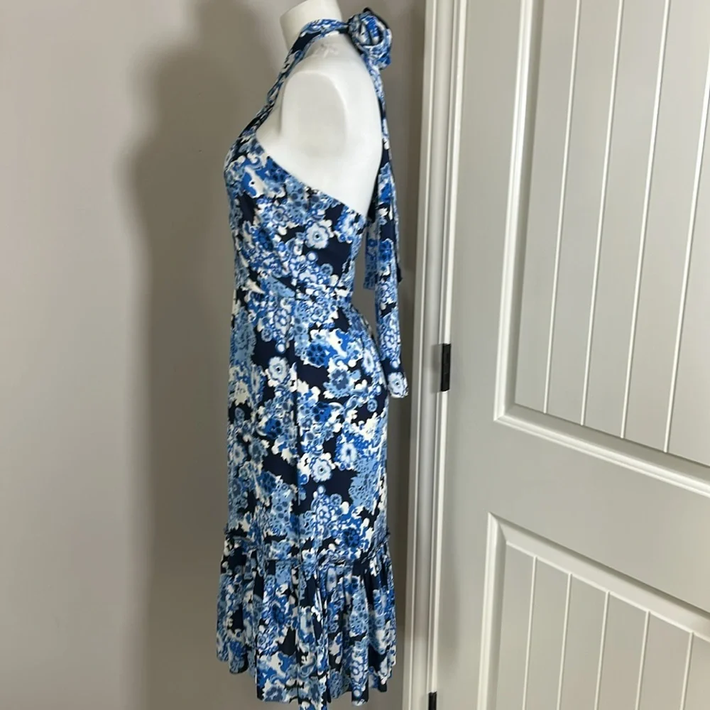 Tory Burch Silk Halter Neck Midi Dress Blue Floral Side Zip Pleated Sz 4 - Picture 6 of 16
